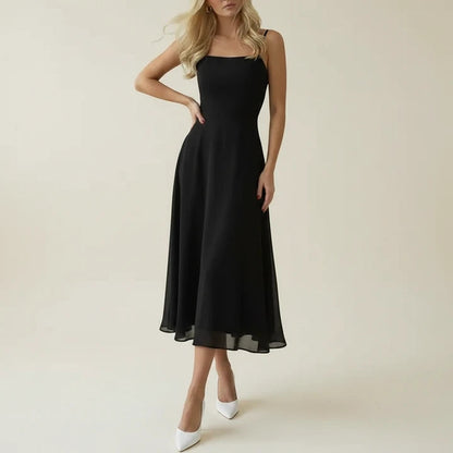 A sleeveless midi dress featuring a square neckline, designed for formal occasions such as weddings. The dress has a fitted bodice and a flowing skirt, 1