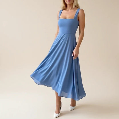 A sleeveless midi dress featuring a square neckline, designed for formal occasions such as weddings. The dress has a fitted bodice and a flowing skirt, 2