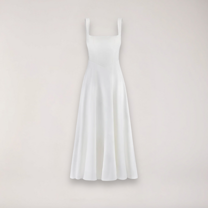 A midi dress for women featuring a fitted waist and a pleated skirt, designed for formal occasions like weddings. 0