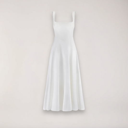 A midi dress for women featuring a fitted waist and a pleated skirt, designed for formal occasions like weddings. 0