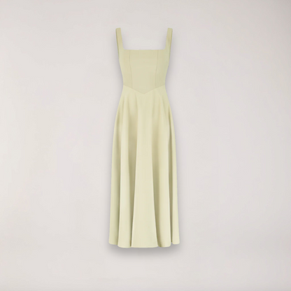 A midi dress for women featuring a fitted waist and a pleated skirt, designed for formal occasions like weddings. 9