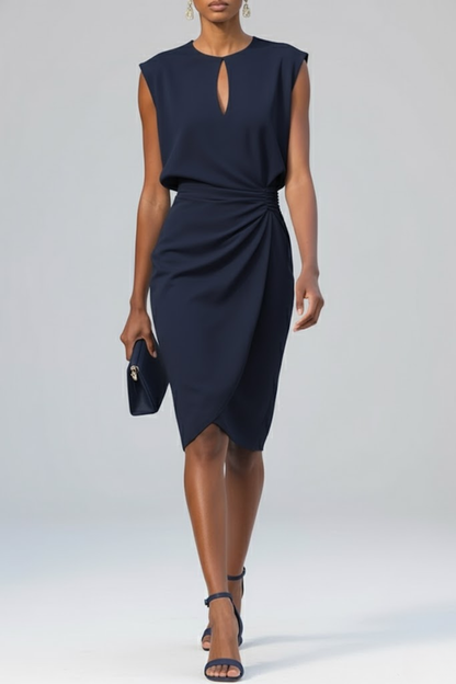Midi dress featuring a keyhole neckline and ruffles, suitable for weddings and summer days. 1