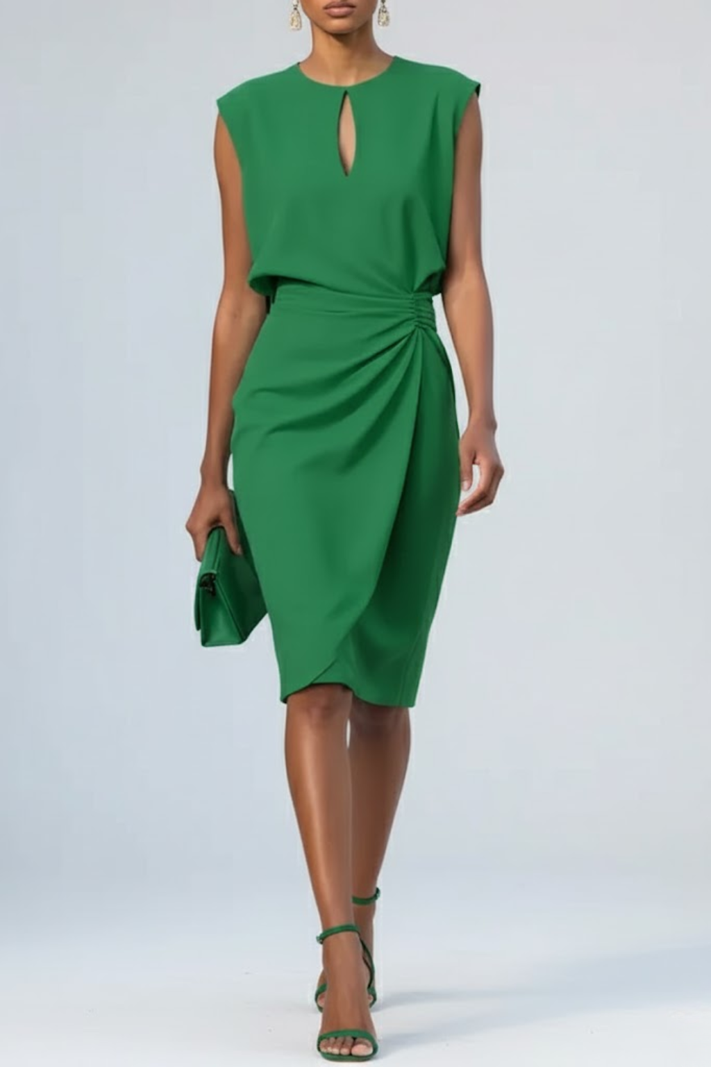 Midi dress featuring a keyhole neckline and ruffles, suitable for weddings and summer days. 4