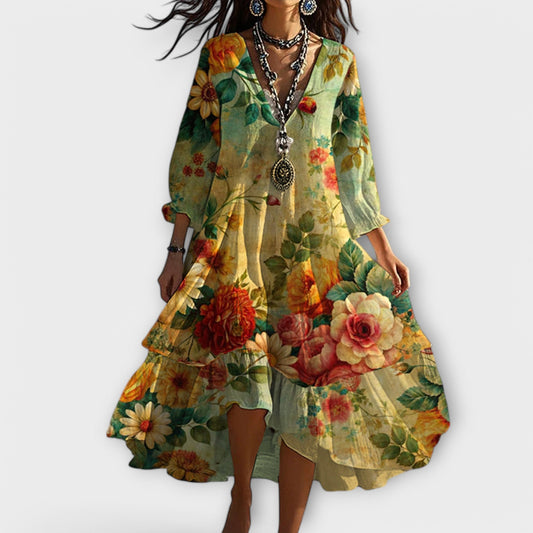 Dresses for women featuring a midi length, V-neckline, and floral print, suitable for weddings. 0
