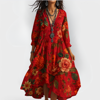 Dresses for women featuring a midi length, V-neckline, and floral print, suitable for weddings. 1