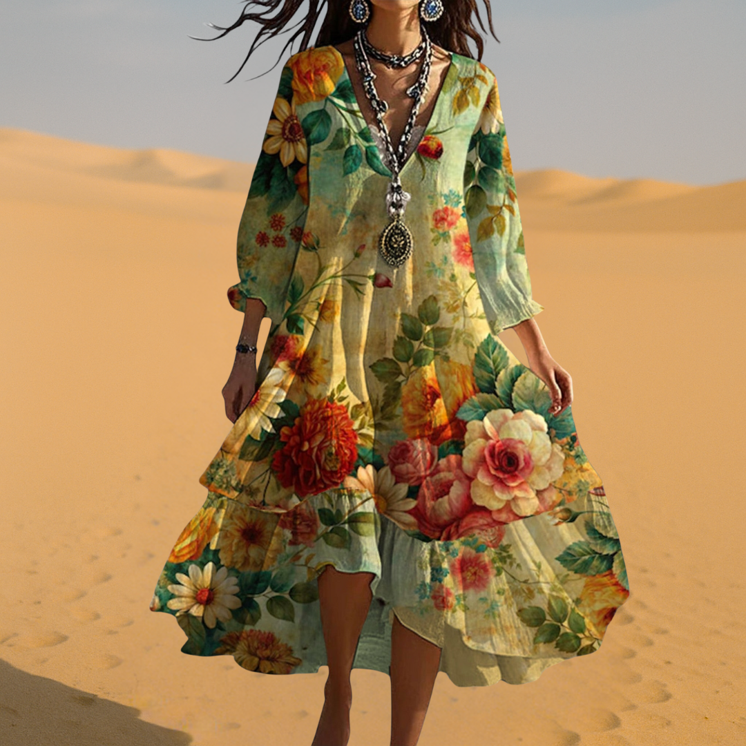 Dresses for women featuring a midi length, V-neckline, and floral print, suitable for weddings. 2