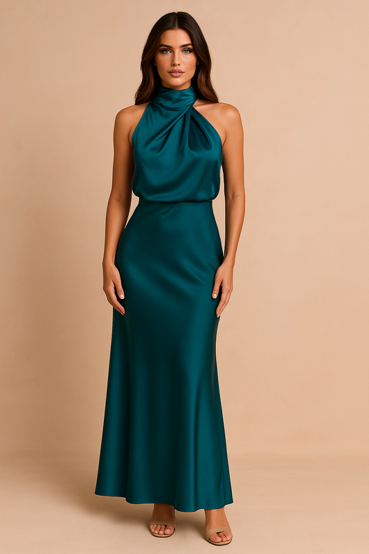 Dressed mannequin displaying a midi dress with draping, suitable for weddings and formal events. 0