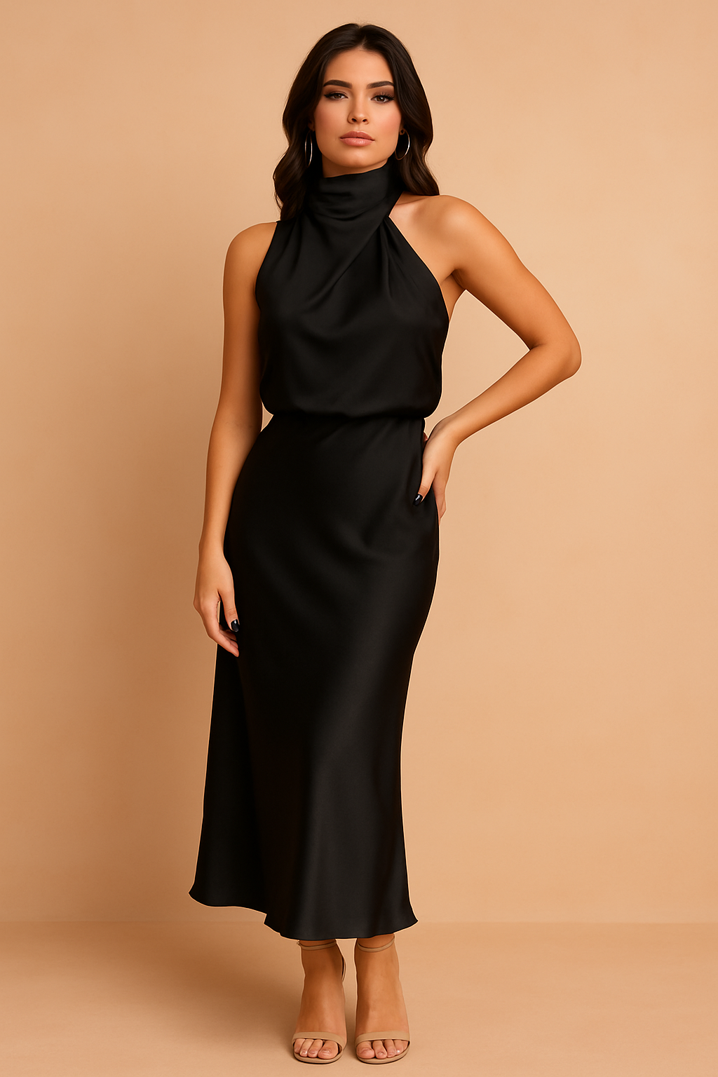 Dressed mannequin displaying a midi dress with draping, suitable for weddings and formal events. 3