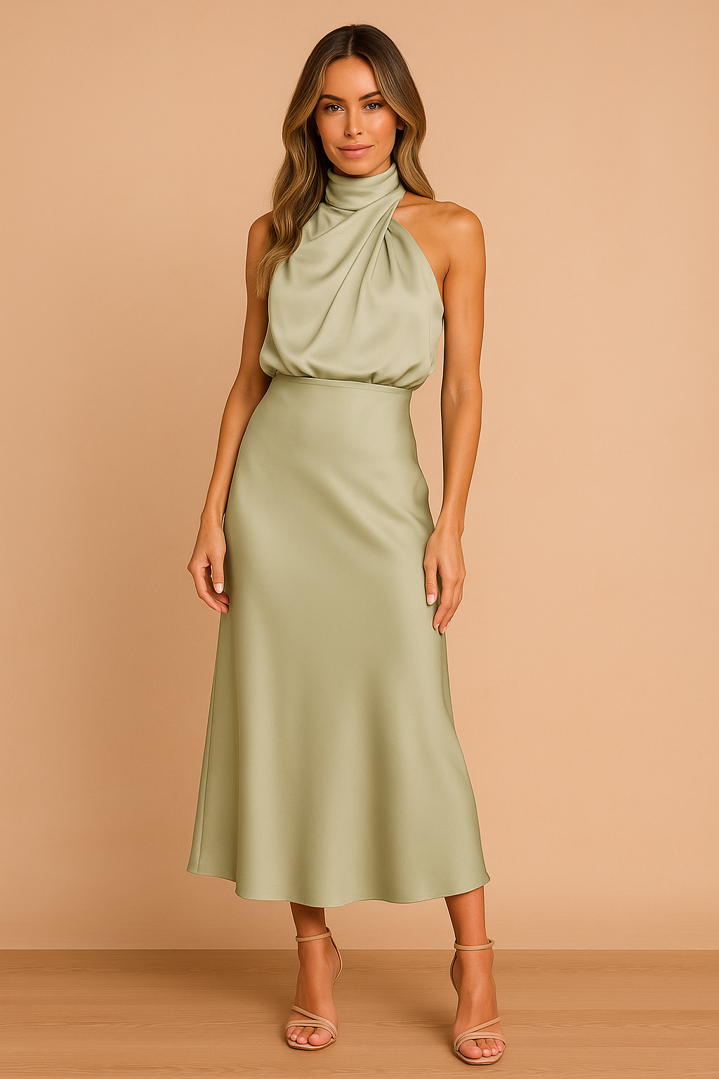 Dressed mannequin displaying a midi dress with draping, suitable for weddings and formal events. 4