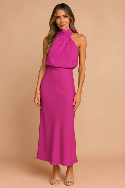 Dressed mannequin displaying a midi dress with draping, suitable for weddings and formal events. 5