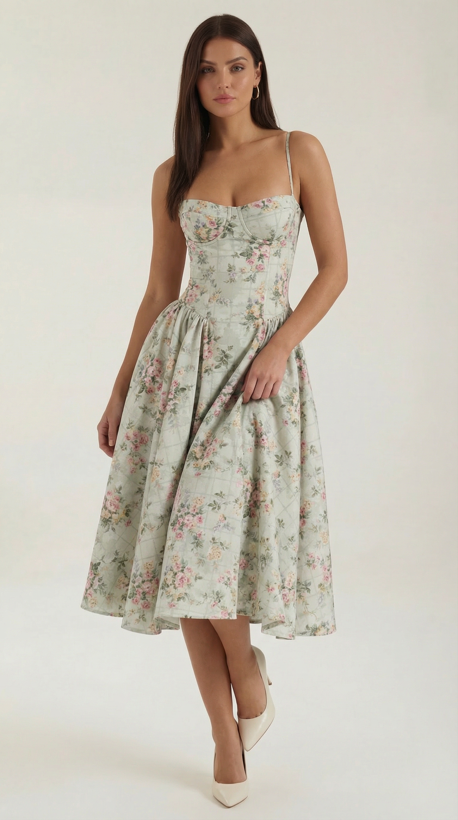 A midi dress featuring a floral print and a corset-style belt, designed for women's formal events such as weddings and summer celebrations. 0