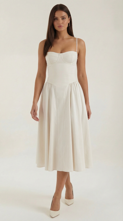 A midi dress featuring a floral print and a corset-style belt, designed for women's formal events such as weddings and summer celebrations. 10