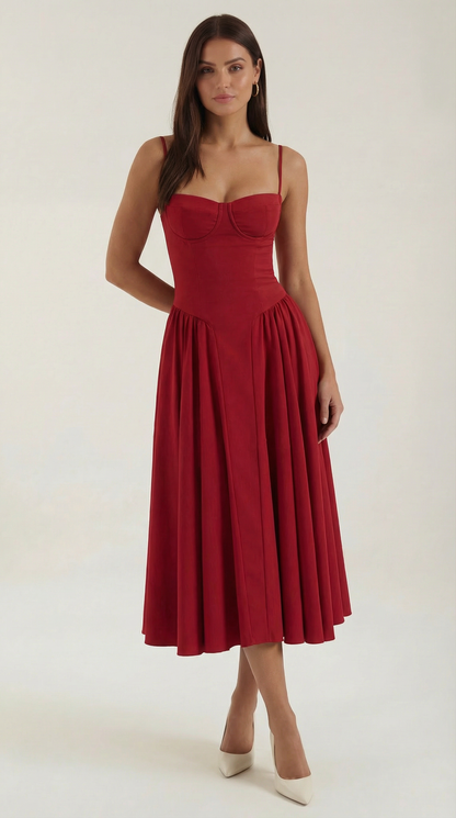 A midi dress featuring a floral print and a corset-style belt, designed for women's formal events such as weddings and summer celebrations. 11