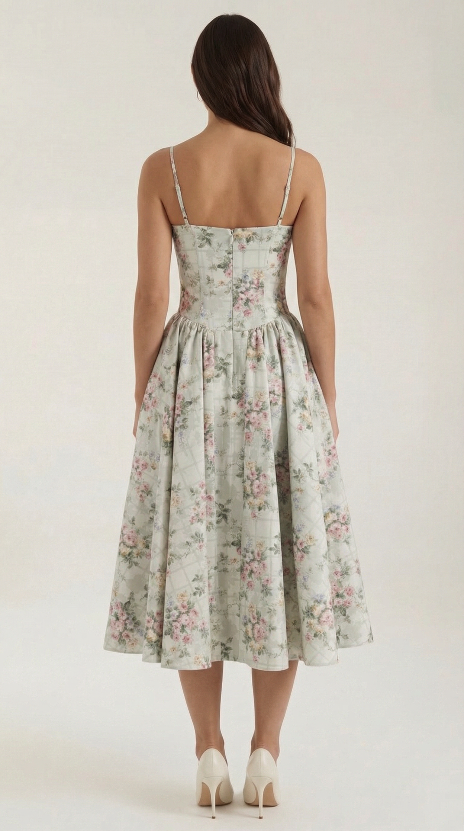 A midi dress featuring a floral print and a corset-style belt, designed for women's formal events such as weddings and summer celebrations. 3
