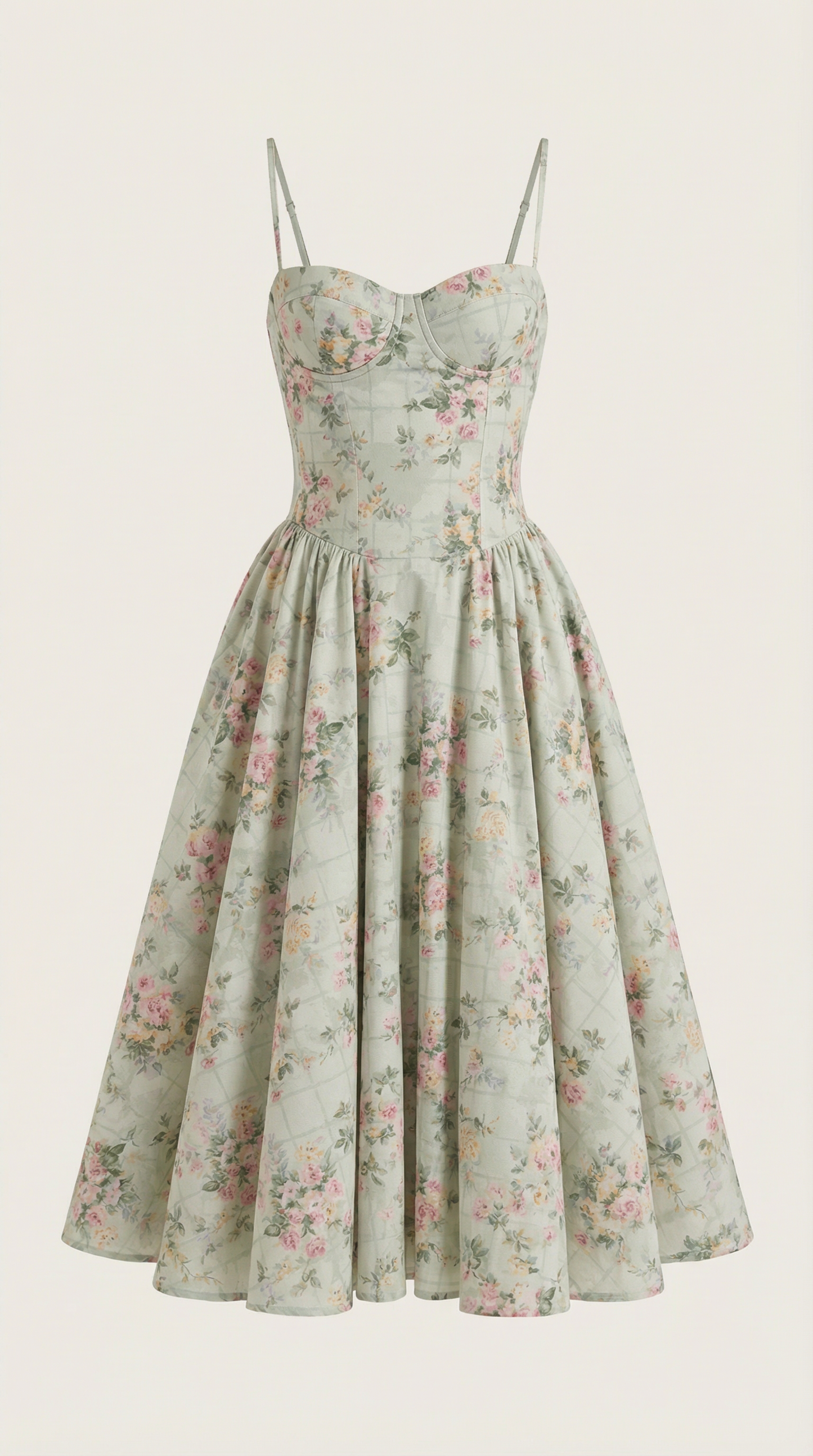 A midi dress featuring a floral print and a corset-style belt, designed for women's formal events such as weddings and summer celebrations. 4