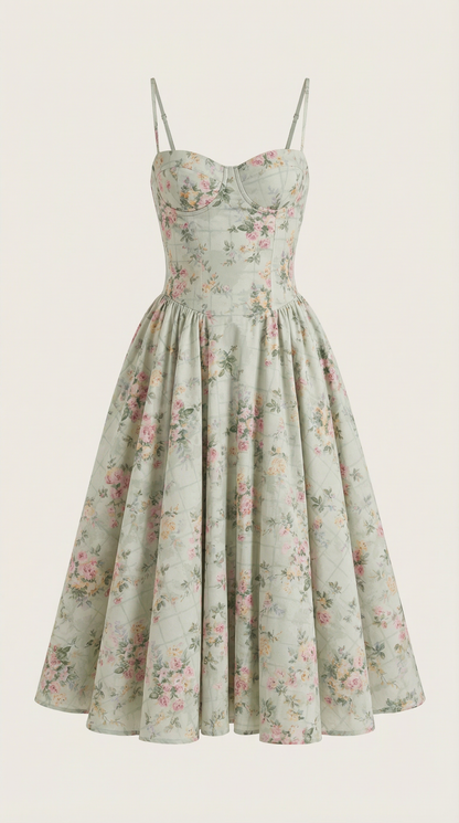 A midi dress featuring a floral print and a corset-style belt, designed for women's formal events such as weddings and summer celebrations. 4