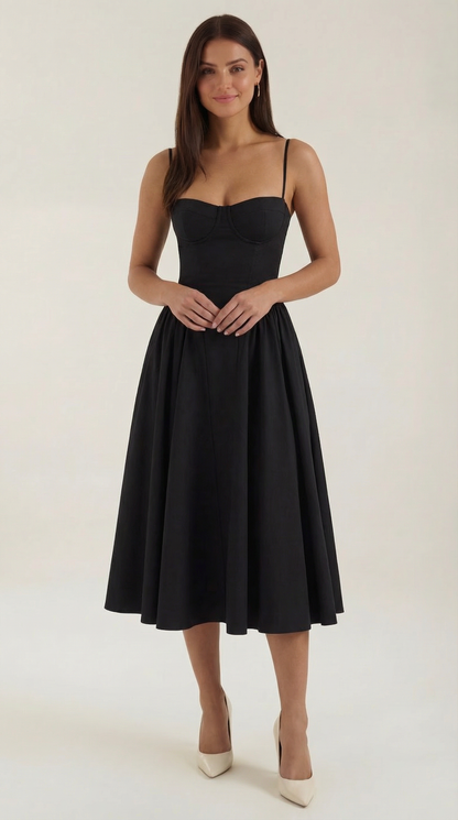 A midi dress featuring a floral print and a corset-style belt, designed for women's formal events such as weddings and summer celebrations. 5