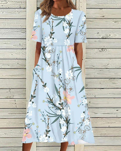 Dresses a midi length featuring a floral print and a round neckline, suitable for formal events like weddings. 0
