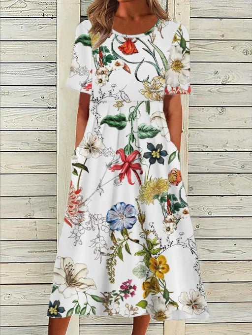 Dresses a midi length featuring a floral print and a round neckline, suitable for formal events like weddings. 1