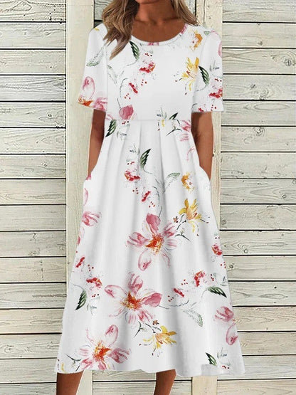 Dresses a midi length featuring a floral print and a round neckline, suitable for formal events like weddings. 2