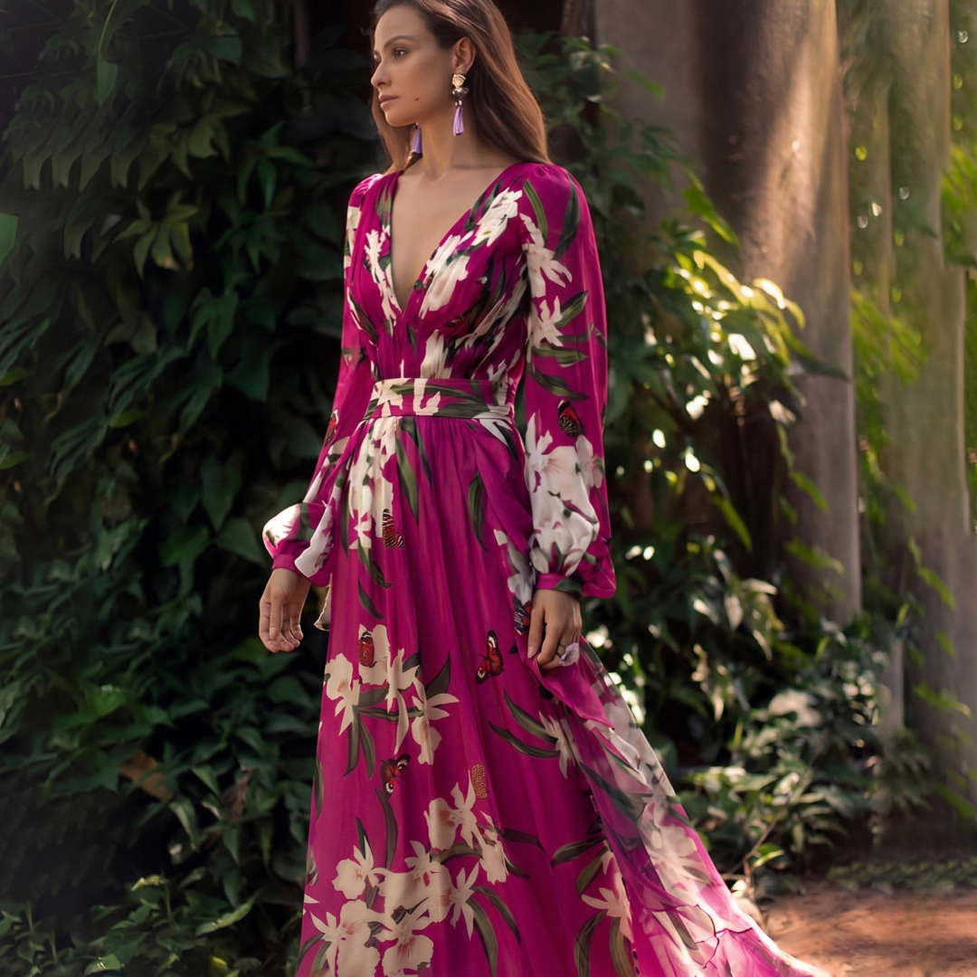 A women's dress featuring a floral pattern and a flowing silhouette, designed with short sleeves and a knee-length cut. 0