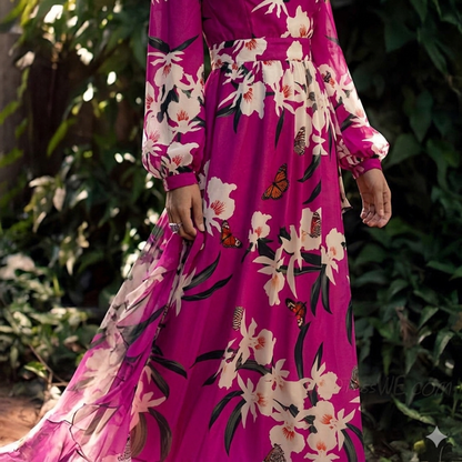 A women's dress featuring a floral pattern and a flowing silhouette, designed with short sleeves and a knee-length cut. 3