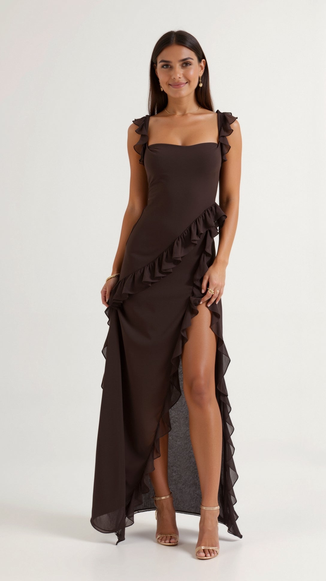 Maxi evening dress featuring ruffles and a side slit, designed for women. 0