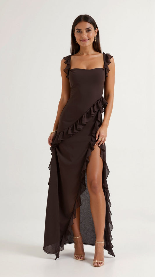 Maxi evening dress featuring ruffles and a side slit, designed for women. 0