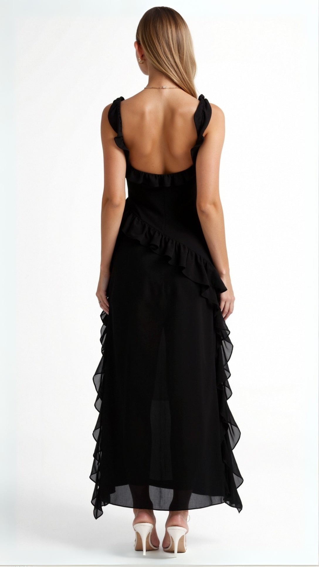 Maxi evening dress featuring ruffles and a side slit, designed for women. 2