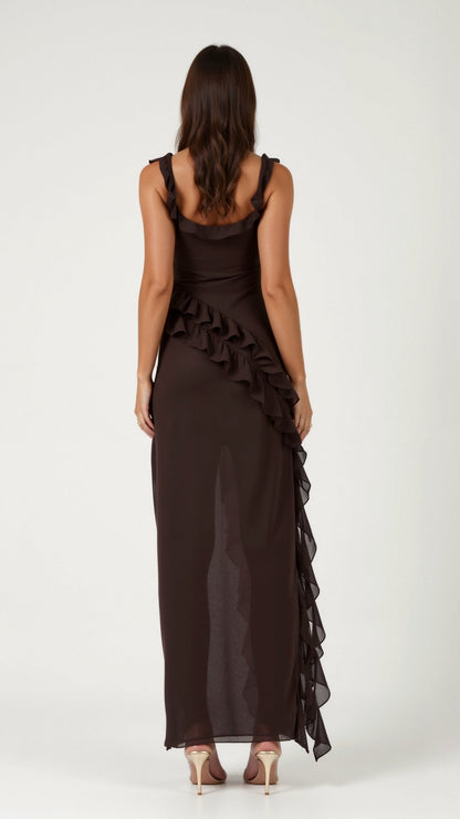 Maxi evening dress featuring ruffles and a side slit, designed for women. 3