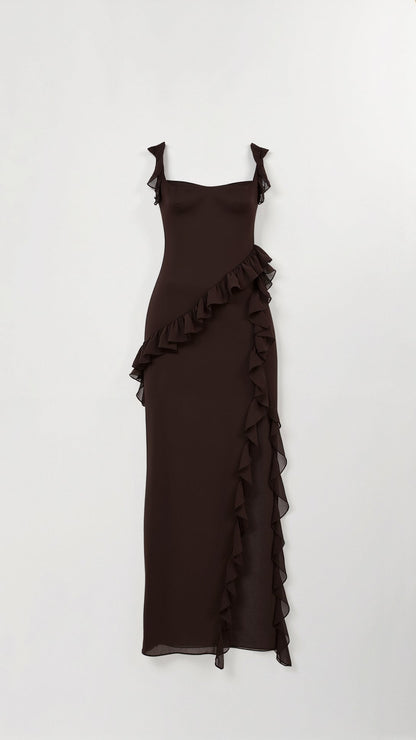 Maxi evening dress featuring ruffles and a side slit, designed for women. 4