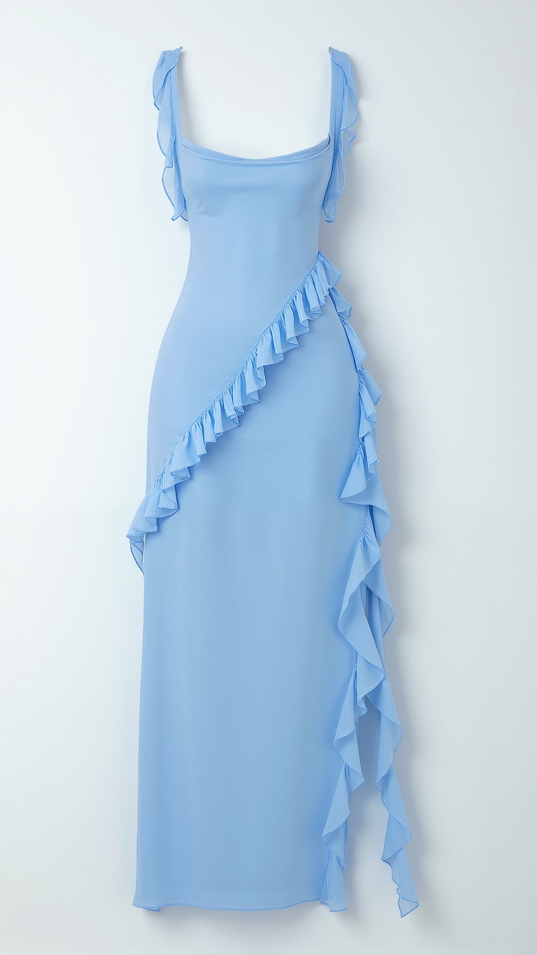 Maxi evening dress featuring ruffles and a side slit, designed for women. 7