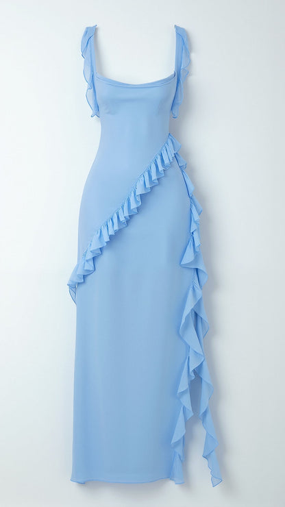 Maxi evening dress featuring ruffles and a side slit, designed for women. 7