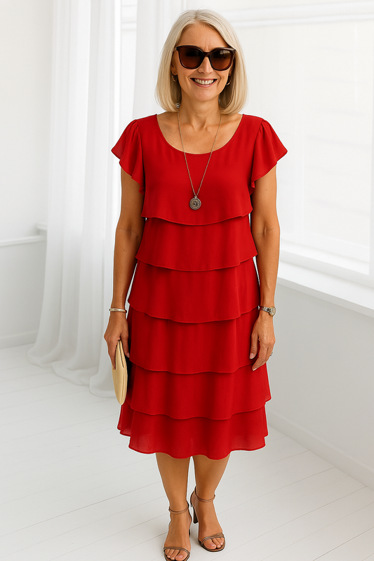 A women's midi dress with short sleeves, featuring a layered design and a flowing silhouette. 0