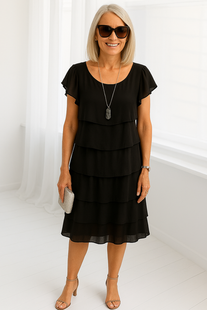 A women's midi dress with short sleeves, featuring a layered design and a flowing silhouette. 1