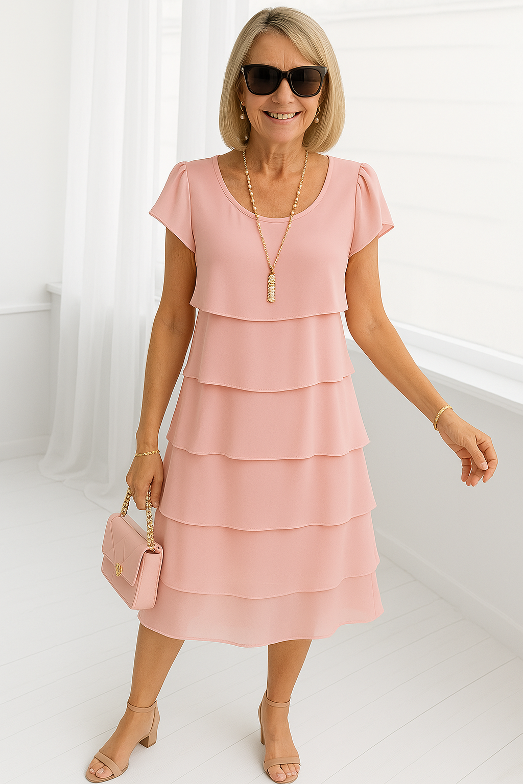 A women's midi dress with short sleeves, featuring a layered design and a flowing silhouette. 3