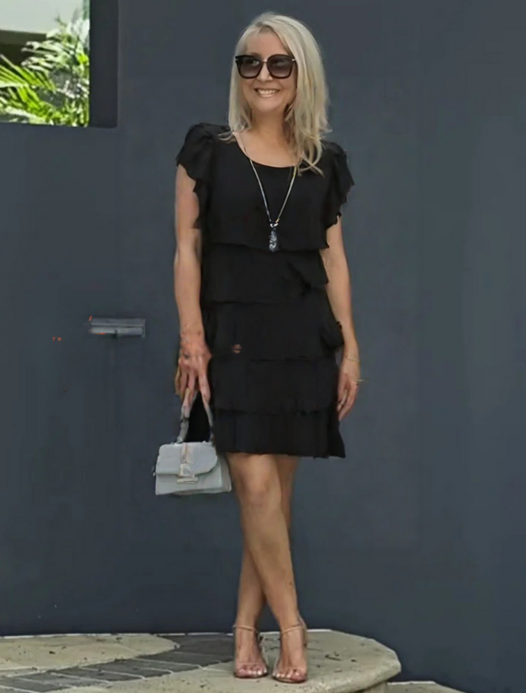 A women's midi dress with short sleeves, featuring a layered design and a flowing silhouette. 6