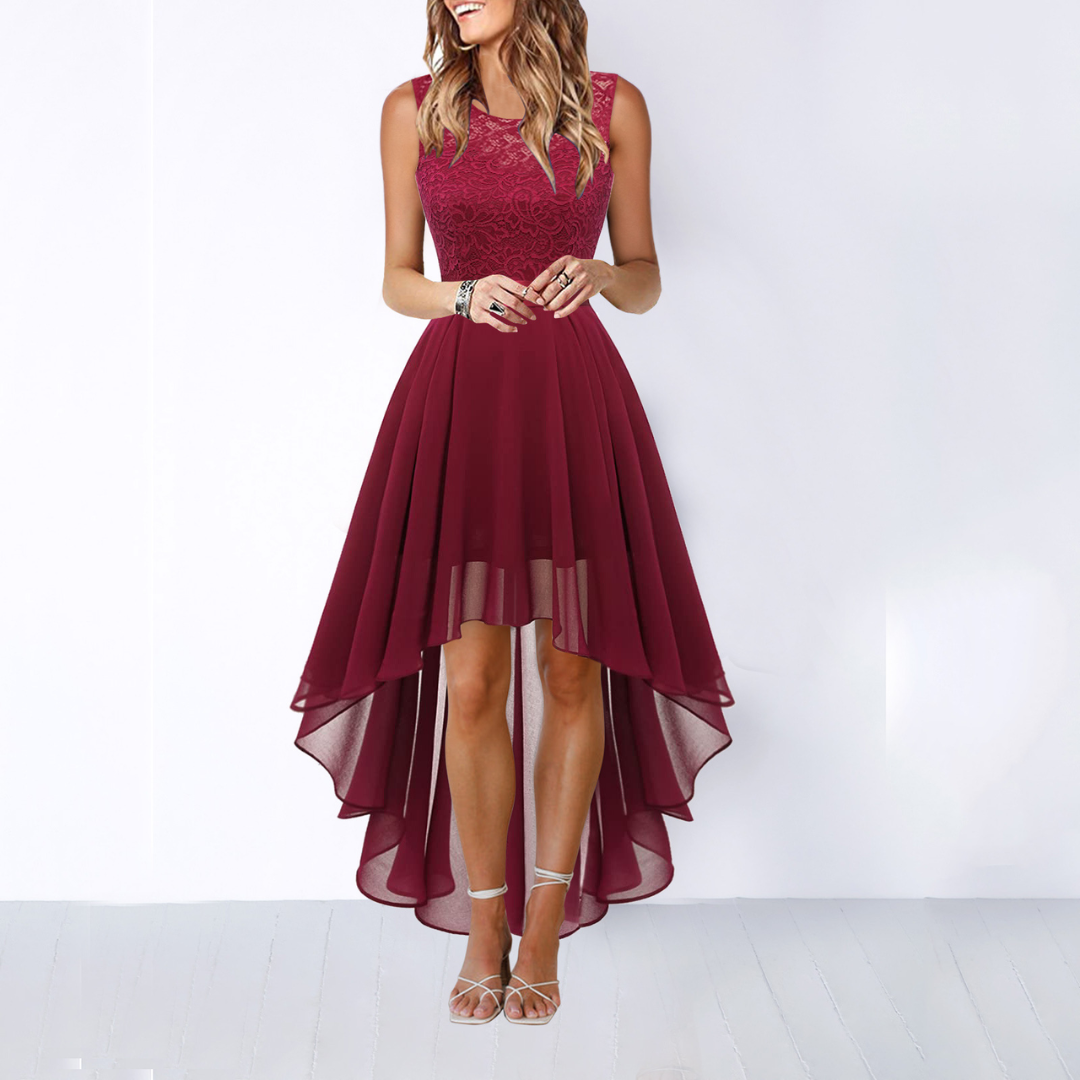 Elegant midi dress for women featuring a high waist and an asymmetrical hemline. 0