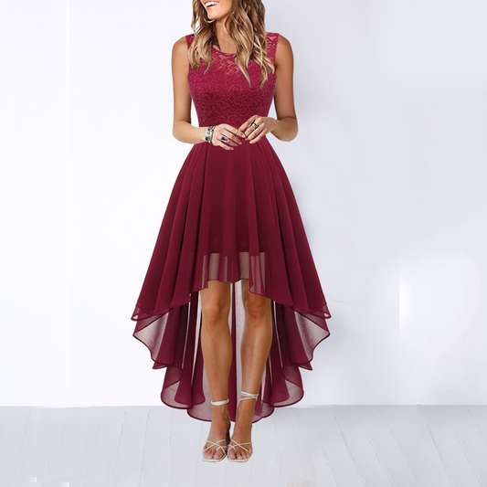 Elegant midi dress for women featuring a high waist and an asymmetrical hemline. 0
