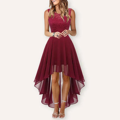Elegant midi dress for women featuring a high waist and an asymmetrical hemline. 1