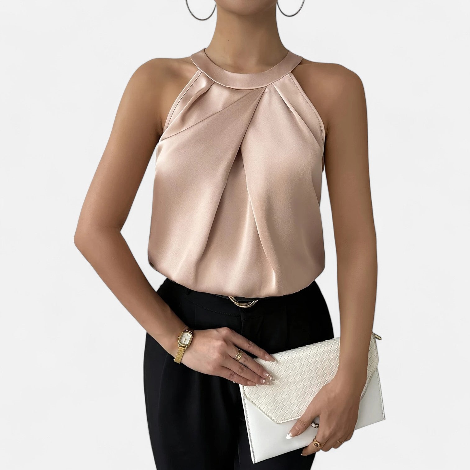 Women's sleeveless vest featuring a pleated front and draped pattern design. 0
