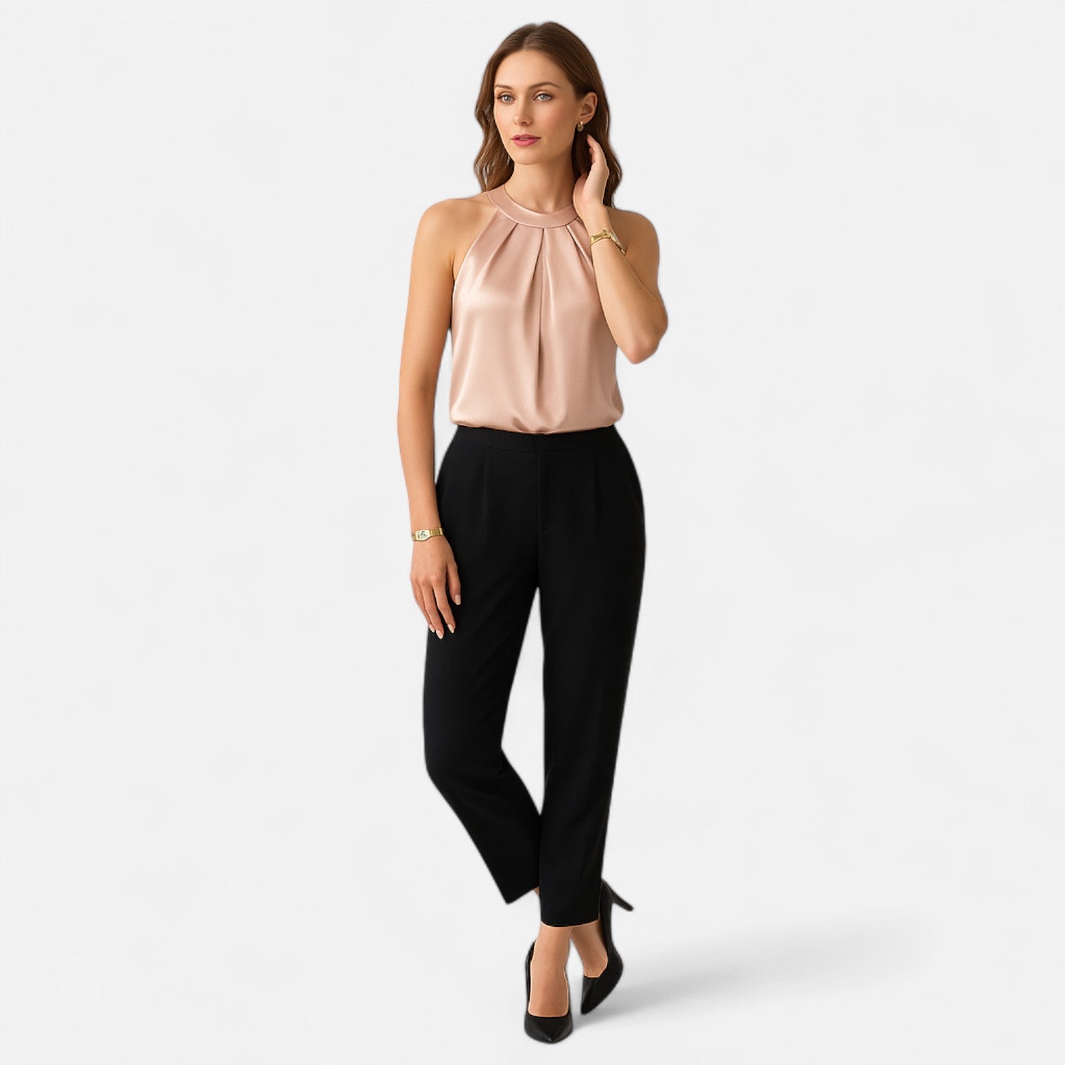 Women's sleeveless vest featuring a pleated front and draped pattern design. 2