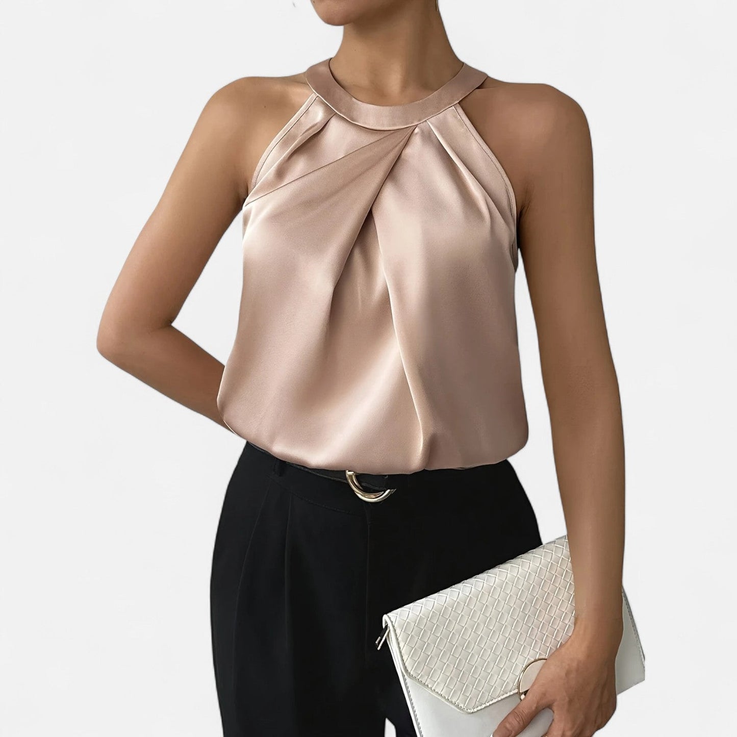 Women's sleeveless vest featuring a pleated front and draped pattern design. 5