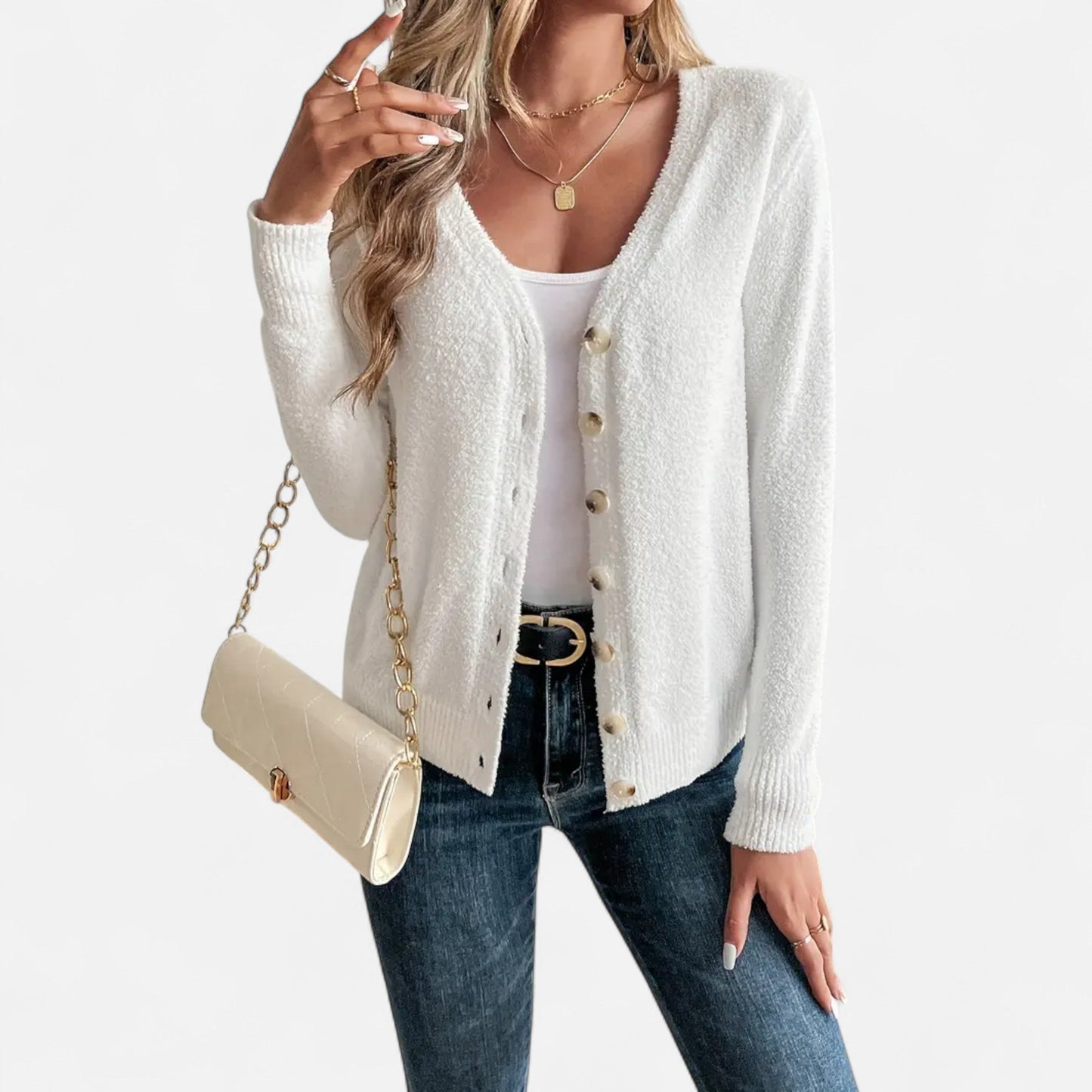 Long black cardigan for women featuring buttons down the front. 0