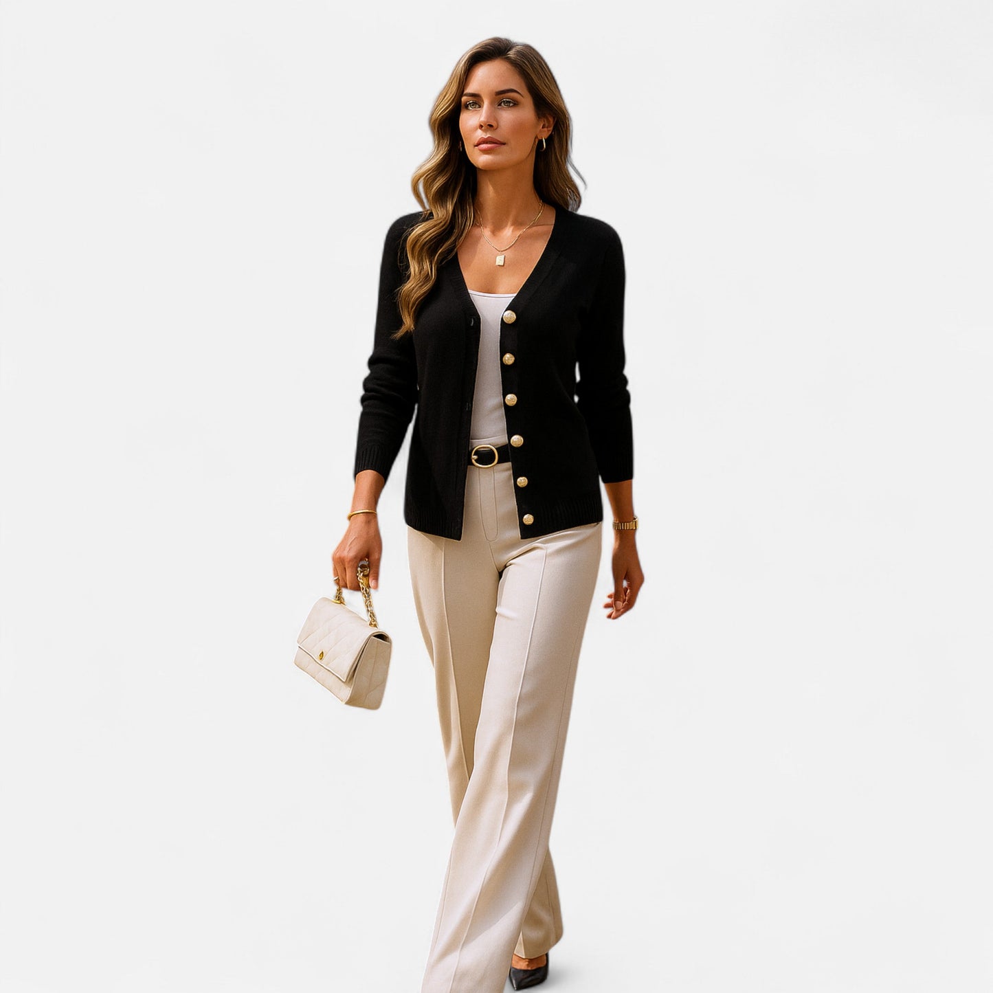 Long black cardigan for women featuring buttons down the front. 4