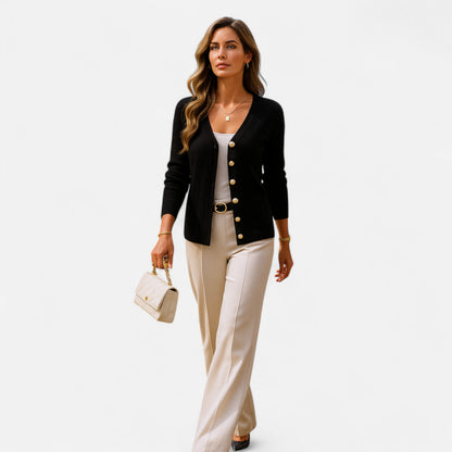 Long black cardigan for women featuring buttons down the front. 4