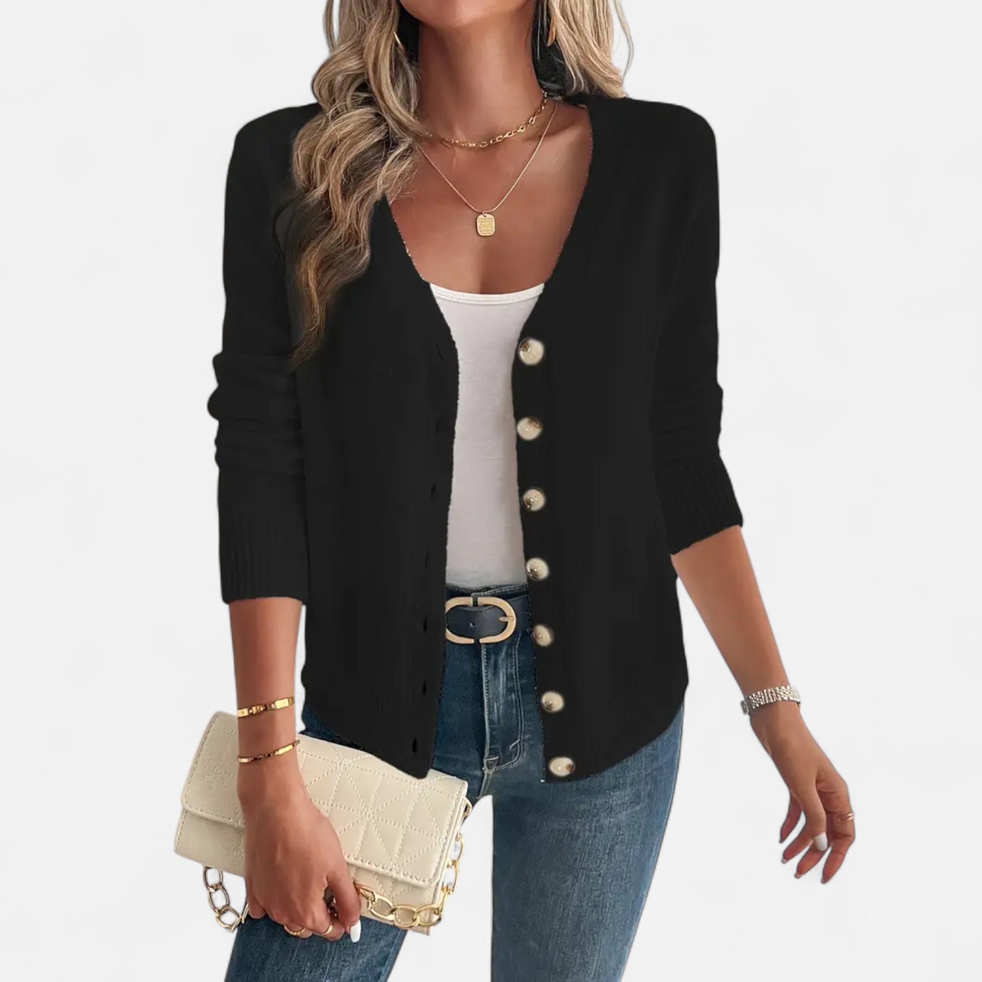 Long black cardigan for women featuring buttons down the front. 5