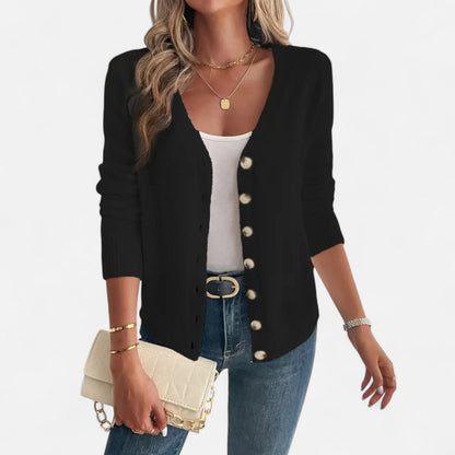 Long black cardigan for women featuring buttons down the front. 5
