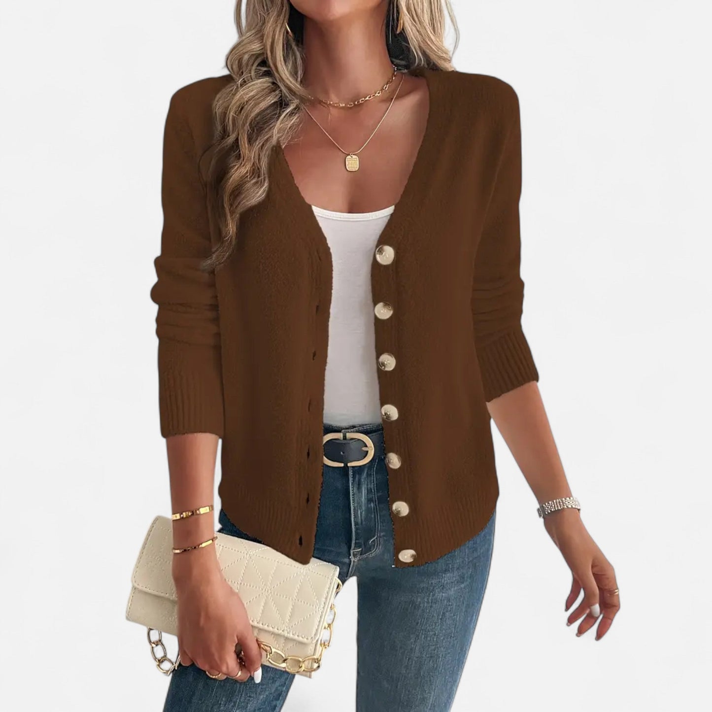 Long black cardigan for women featuring buttons down the front. 7