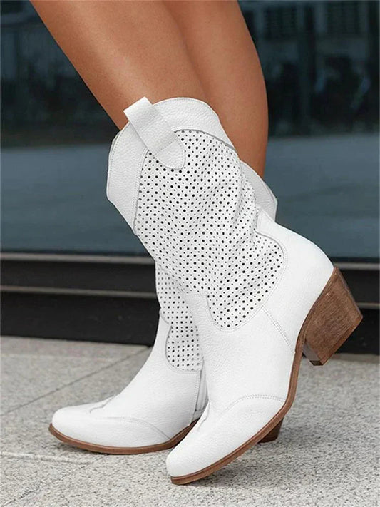 A pair of women's heeled cowboy boots featuring a cut-out design and a side zipper for easy wear. 0